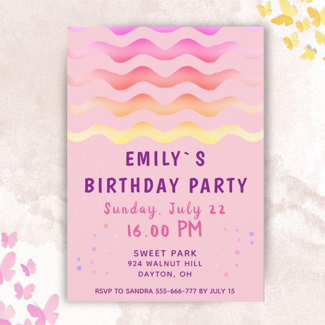 Invitación Chica Olas de Arcoíris Fiesta de Cumpleaños Rosa (Subido por el creador)