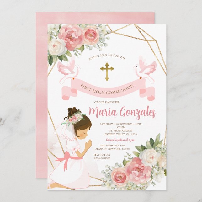 Invitación Chica Orando Oro Primero Comunión Santa Comunión F (Anverso / Reverso)