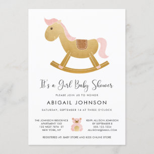 Invitación Chica Oro Rosa Retro Rockear Caballo Baby Shower