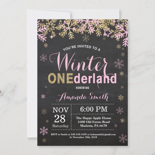Invitación Chica Oro y Rosa de Invierno Primer cumpleaños (Anverso)