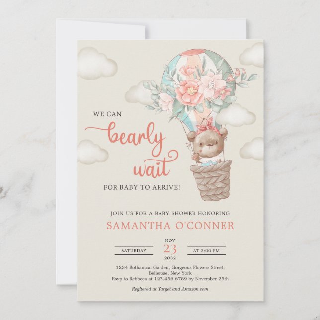 Invitación Chica osito de peluche globo de aire caliente flor (Anverso)