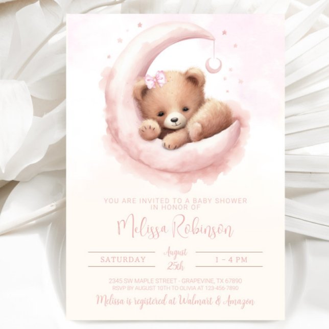 Invitación Chica Oso Acuarela Rosa Revelación de Bebé (Sweet watercolor baby girl bear with pink bow. Simply add your event details.)