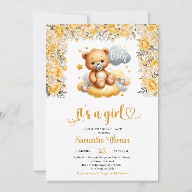 Invitación Chica oso de peluche flores amarillas chica ducha  (Anverso)