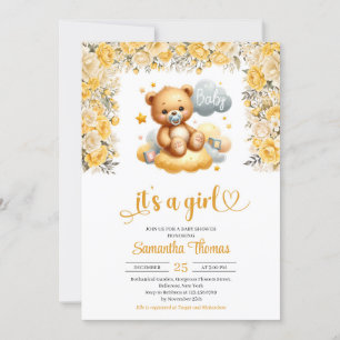 Invitación Chica oso de peluche flores amarillas chica ducha 