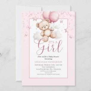 Invitación Chica Oso de Peluche Rosa Rubor Baby Shower