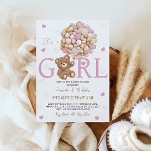 Invitación Chica Oso Rosa Globos Dorados Baby Shower