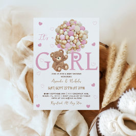 Invitación Chica Oso Rosado Globos de Oro Baby Shower