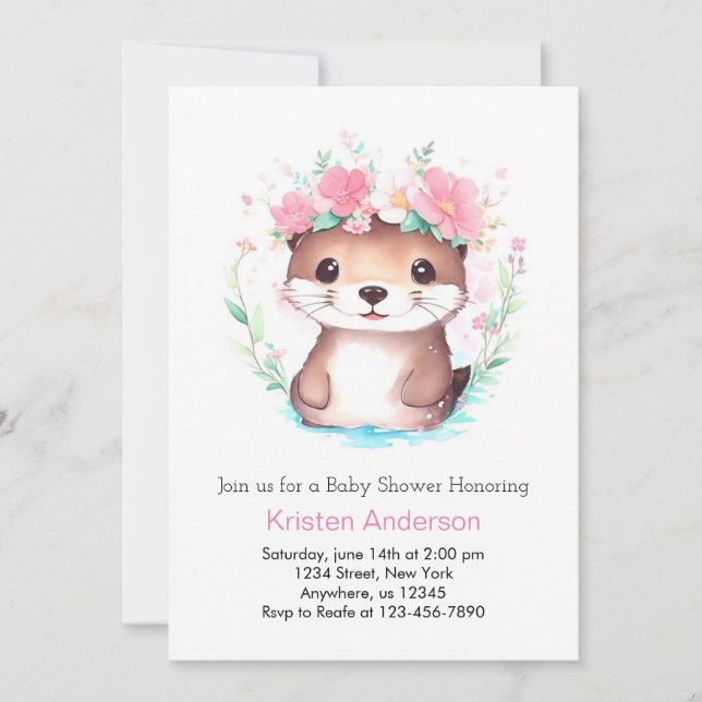 Invitación Chica Otter Floral Rosa Baby Shower (Anverso)