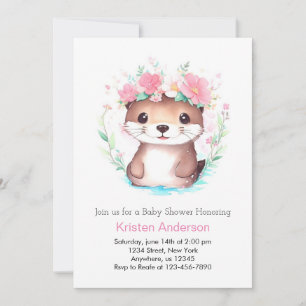 Invitación Chica Otter Floral Rosa Baby Shower