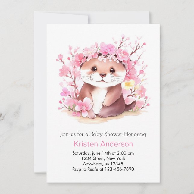 Invitación Chica Otter Magic Pink Wildflowers Baby Shower (Anverso)