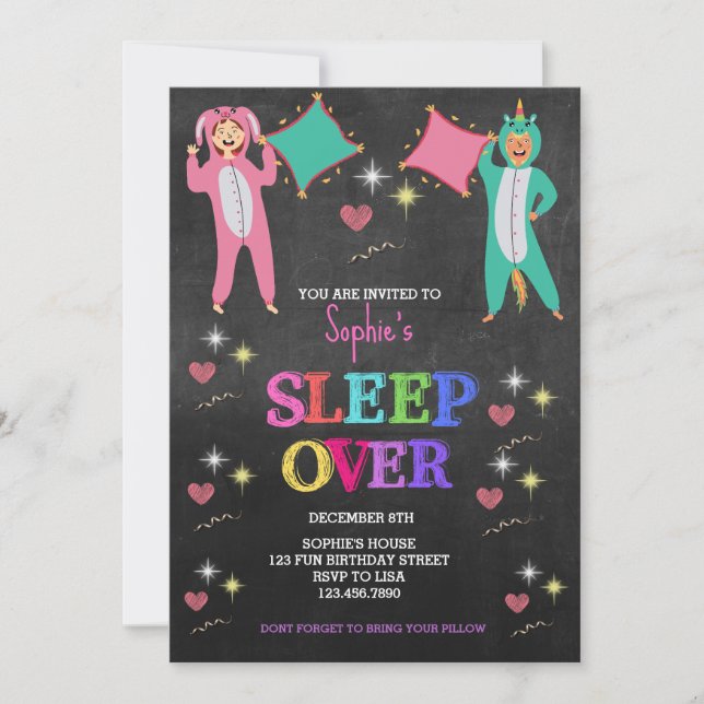 Invitación Chica Pajama Fiesta, Fiesta de la Palanca, Cumplea (Anverso)