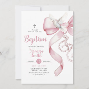 Invitación Chica Paloma Bautizo Lazo Rosa Collar Perla Cruz