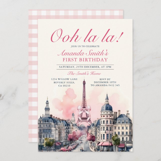 Invitación Chica Paris Patisserie Primera fiesta de cumpleaño (Anverso / Reverso)