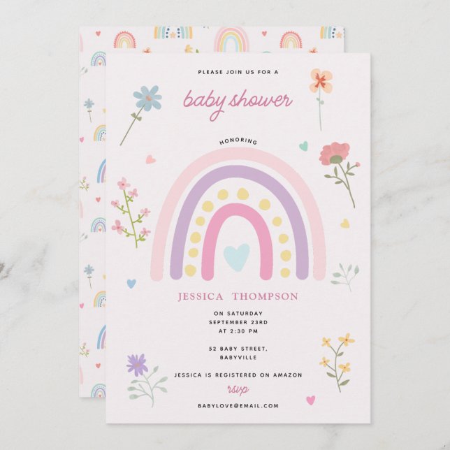 Invitación Chica Pastel Arcoiris Wildflowers Hearts Baby Show (Anverso / Reverso)