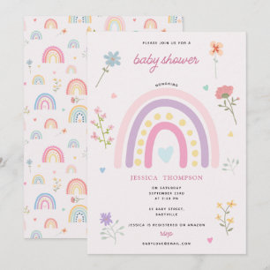 Invitación Chica Pastel Arcoiris Wildflowers Hearts Baby Show
