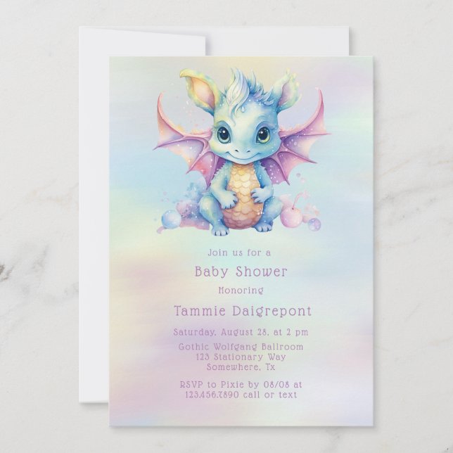 Invitación Chica Pastel Cute Dragon Baby Shower (Anverso)