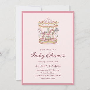Invitación Chica Pastel de Rosa Tiovivo Baby Shower
