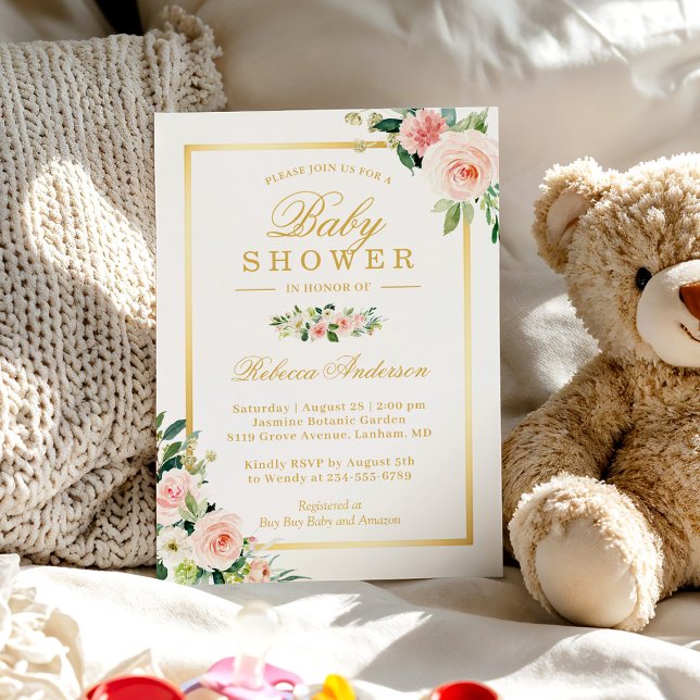 Invitación Chica Pastel de Rubefacción Rosa Floral Dorado Bab (Subido por el creador)