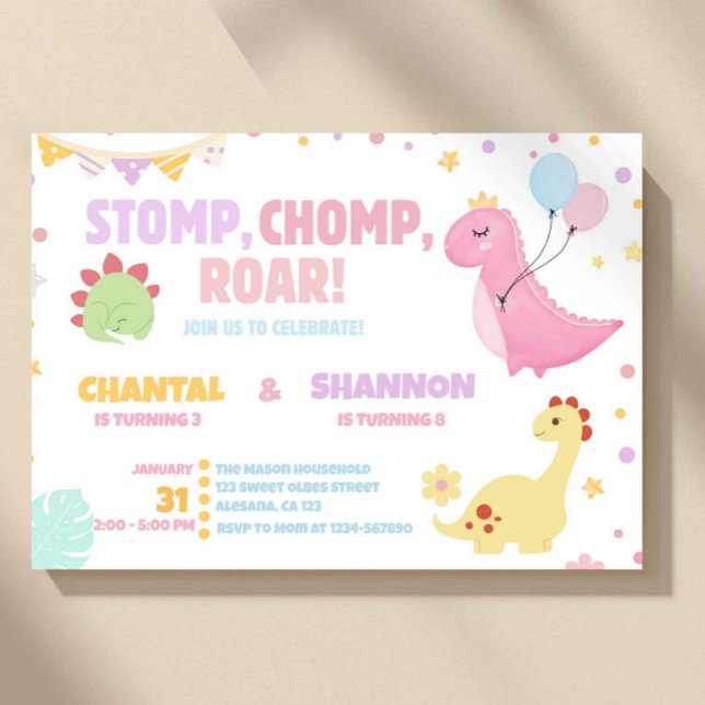 Invitación Chica Pastel Rosa Dinosaurio Cumpleaños Compartido (dinosaur birthday invitation, joint birthday invite, sibling birthday invite, kids dino party invite)