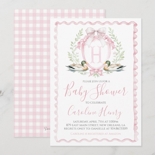 Invitación Chica pato rosa Baby Shower Gingham Rosa (Anverso / Reverso)