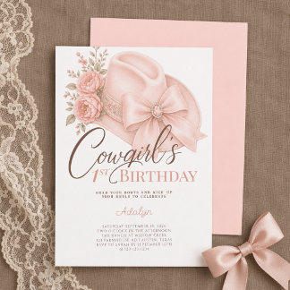 Invitación Chica Peach Coquette Letra Vaquera Cumpleaños 1