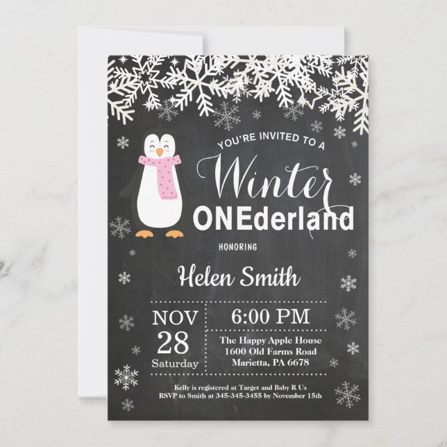 Invitación Chica Penguin de Onederland Primer cumpleaños (Anverso)
