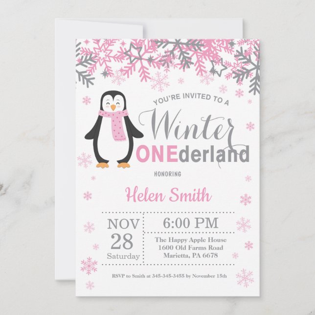 Invitación Chica Penguin de Onederland primer cumpleaños (Anverso)