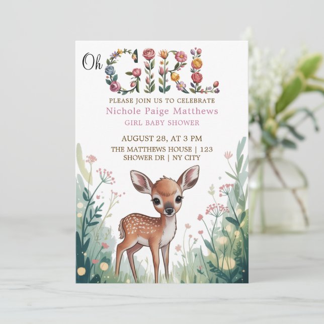 Invitación Chica: Pequeño ciervo Fawn Baby Shower (Anverso de pie)