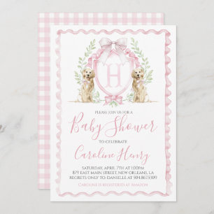 Invitación Chica Perro Cachorro Baby Shower Preppy Pink Gingh