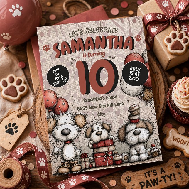 Invitación Chica Perro Cachorro Rústico Cumple 10 Años (Cute dogs 10th birthday party invitation for little girls)