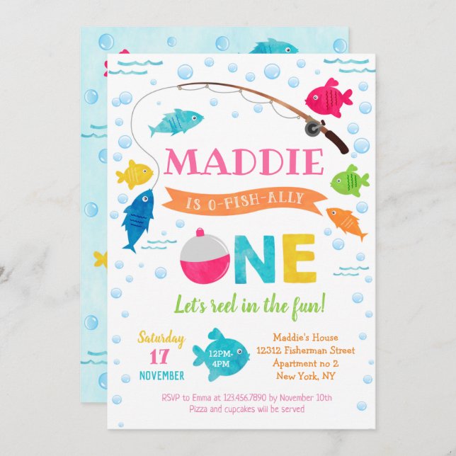 Invitación Chica Pescador O-fish aliado 1er cumpleaños invita (Anverso / Reverso)