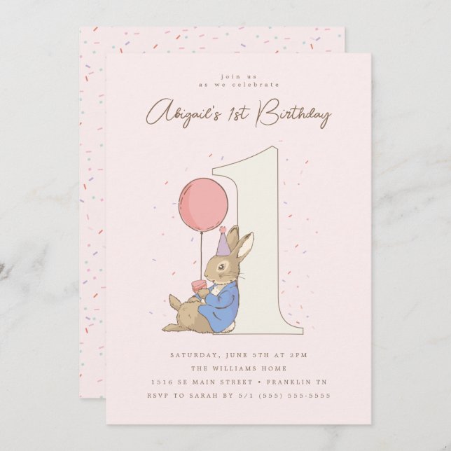Invitación Chica Peter Rabbit 1 cumpleaños Confetti rosado (Anverso / Reverso)