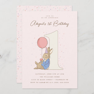 Invitación Chica Peter Rabbit 1 cumpleaños Confetti rosado