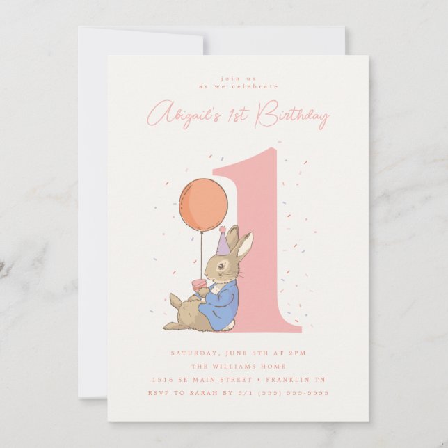 Invitación Chica Peter Rabbit 1 cumpleaños Confetti rosado (Anverso)