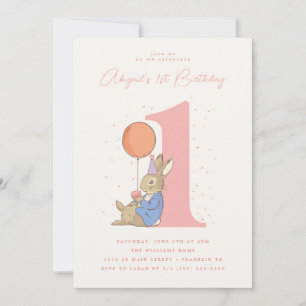 Invitación Chica Peter Rabbit 1 cumpleaños Confetti rosado