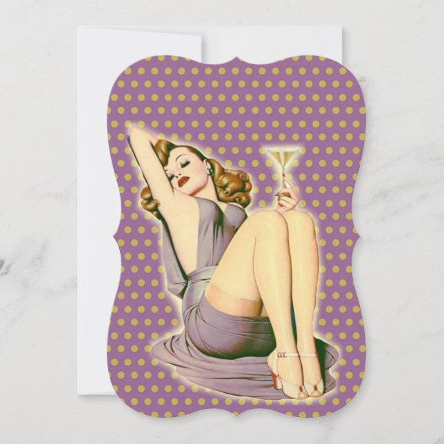 Invitación chica pin up rockabilly de lunares morados martini (Anverso)