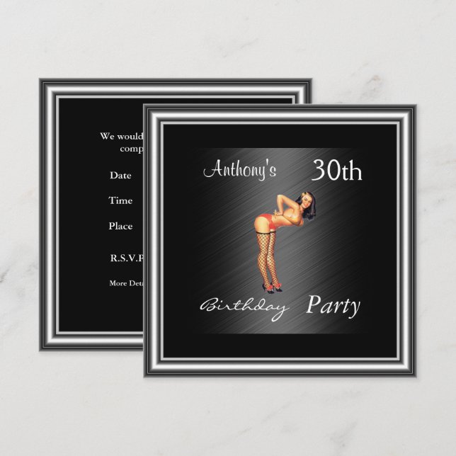 Invitación Chica Pin-up y Fiesta de Cumpleaños Negra (Anverso / Reverso)
