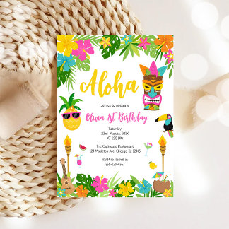 Invitación Chica Piña Cumpleaños Aloha Hawái Verano
