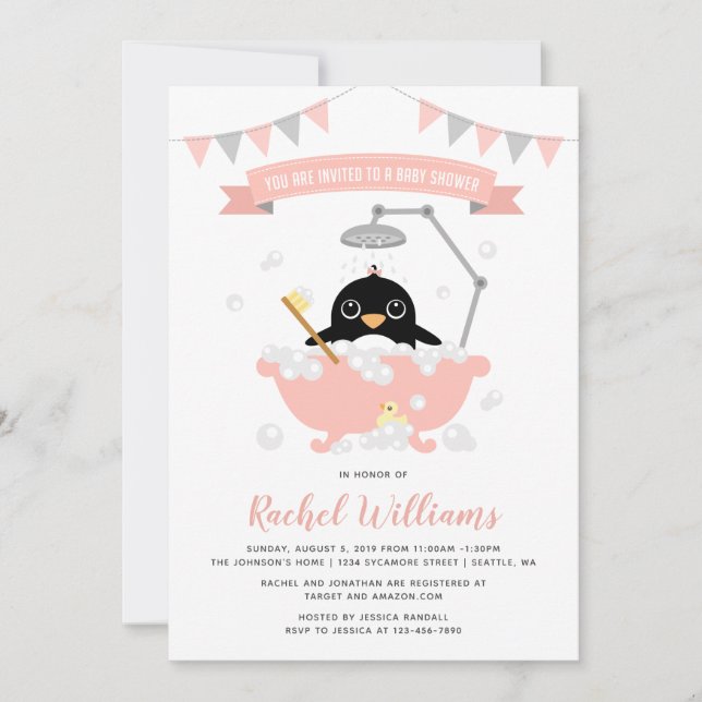Invitación Chica pingüino en ducha de hidromasaje rosa (Anverso)
