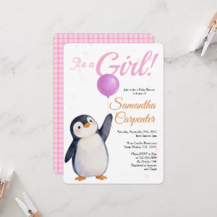 Invitación Chica Pingüino Globo Rosa Acuarela Baby Shower