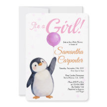 Chica Pingüino Globo Rosa Acuarela Baby Shower