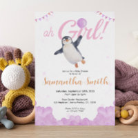 Chica Pingüino Globo Rosa Nubes Cielo Baby Shower