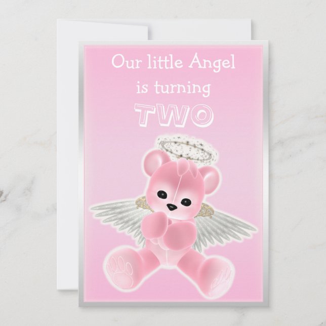 Invitación Chica Pink Angel Teddy Bear Fiesta de segundo cump (Anverso)