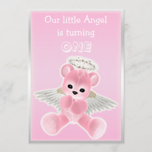 Invitación Chica Pink Angel Teddy Bear Primera Fiesta de Cump
