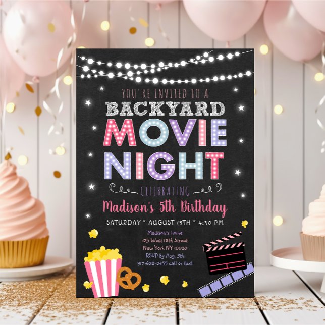Invitación Chica Pink Backyard Movie Night Birday (Subido por el creador)