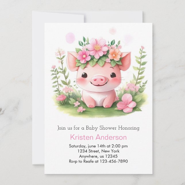 Invitación Chica Pink Farmyard Piglet Baby Shower (Anverso)