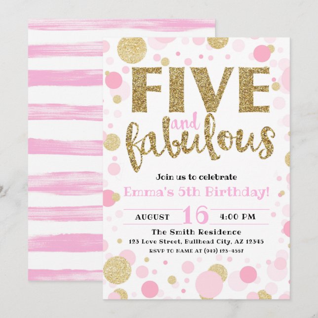 Invitación Chica Pink & Gold Five y fabuloso quinto cumpleaño (Anverso / Reverso)