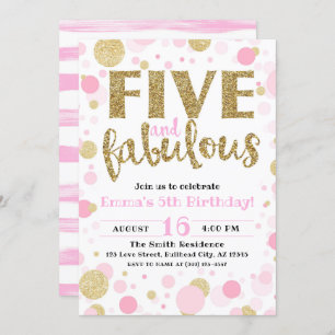 Invitación Chica Pink & Gold Five y fabuloso quinto cumpleaño