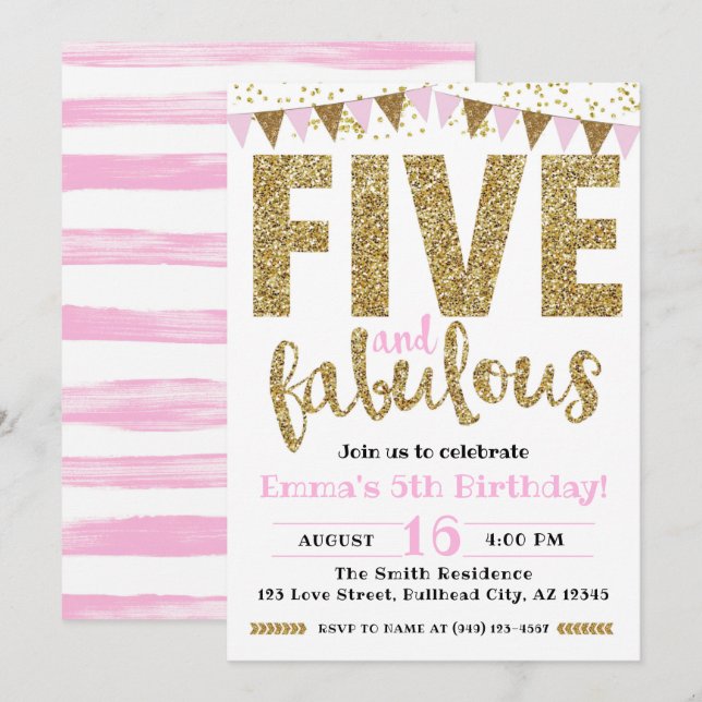 Invitación Chica Pink & Gold Five y fabuloso quinto cumpleaño (Anverso / Reverso)