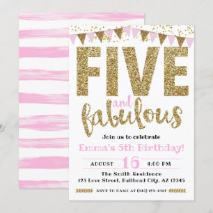 Invitación Chica Pink & Gold Five y fabuloso quinto cumpleaño
